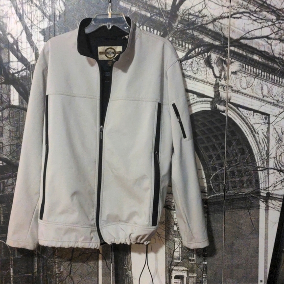 Men's Spring/Fall Beige Jacket with Black Zipper Pockets. - Picture 2 of 3